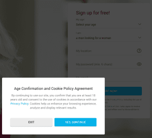 MatureXMatch homepage on first load: an Age Confirmation and Cookie Policy Agreement modal with EXIT and YES, CONTINUE buttons sits over the Sign up for free panel, whose fields run My age, I am, My location, My password and My email, with the I am selector preset to a man looking for a woman.