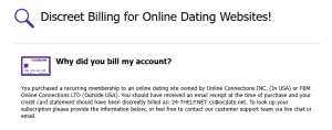 Billing desk page headed Discreet Billing for Online Dating Websites, stating a card statement should read 24-7HELP.NET cs@ocdate.net for a recurring membership to a site owned by Online Connections Inc or FBM Online Connections Ltd