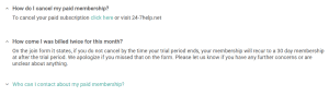DateOver60 FAQ with two answers expanded, one routing paid cancellation to 24-7help.net and one stating that a membership recurs to a 30 day membership if the trial is not cancelled, with an apology for customers who missed it on the join form