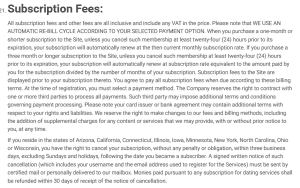 DateOver60 terms clause 21 Subscription Fees, stating in capitals that an automatic re-bill cycle is used, requiring cancellation at least twenty four hours before expiration, and granting residents of ten named states three business days to cancel by signed certified mail