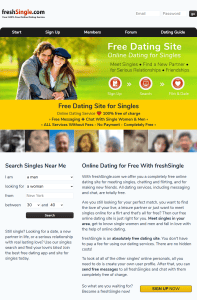 freshSingle homepage with the logo line Your 100 percent Free Online Dating Service, a yellow banner reading 100 percent free of charge, Free Messaging plus Chat With Single Women and Men, and ALL Services Without Fees, No Payment, Completely Free, above a search box and body text saying there are no hidden costs