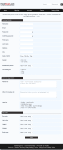 The complete freshSingle sign up form on one page, asking for nickname, email, password, first and last name, address, city, date of birth, gender, relationship status, who you are looking for, two free text boxes, what you are here for and five appearance fields, ending at a Next button with no payment or card field anywhere on it