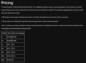 NewNaughtyNeighbors pricing page showing seven credit packs from 3 credits at 2.99 US dollars up to 300 credits at 300 dollars, a price per message column running from 89 cents to 2 dollars, a line saying unused credits will expire after three months, and a line saying all payments are one time and non-recurring