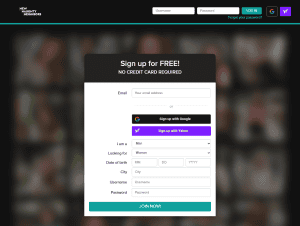 NewNaughtyNeighbors splash page, with a panel headed Sign up for FREE! and NO CREDIT CARD REQUIRED above an empty form asking for email, gender, date of birth, city, username and password, and no payment or card field on it, over a grid of photo tiles that we have blurred