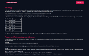 OurSecretFlirts pricing page showing a credit table of seven bundles from 3 credits at $2.99 to 300 credits at $300, with a price per message column running $0.89 to $2, a clause stating all payments are one time and non-recurring, unused credits expiring after three months, and a note that Neto Web Development B.V. is what appears on the bank or credit card statement.