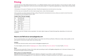 SensualAgenda pricing page. A credit table lists seven bundles, 3 credits for 2.99 US dollars, 8 for 16, 10 for 8.99, 20 for 34, 40 for 60, 125 for 150 and 300 for 300, with a price per message column running from 0.89 to 2 dollars. Clause 1 states unused credits expire after three months and cannot be refunded, clause 2 states all payments are one time and non-recurring, and a bank statement paragraph states Neto Web Development B.V. appears on the card statement and the sensualagenda.com name never does.