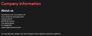 Company information page on Twomance reading that twomance.com is a product of Inovo Internet Innovation B.V., Houserveld 23, 6441TA Brunssum, The Netherlands, CC 86687344, support@twomance.com, above a line pointing to the European online dispute resolution platform