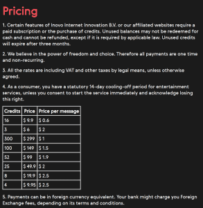 Twomance pricing page showing an eight row credit list running from 3 credits at 6 US dollars up to 300 credits at 299 dollars, with a price per message column from 0.60 to 2.50 dollars, under numbered clauses stating that unused credits will expire after three months and that all payments are one time and non-recurring