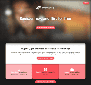 Twomance signup splash, headed Register now and flirt for free over a banner photograph that we have blurred, with a panel reading Register, get unlimited access and start flirting! above a REGISTER NOW, IT'S FREE! button, three claim tiles reading Optimized for desktop, tablet and smartphone, Top hit in online contact in the US! and Privacy protected in a discreet environment, and a BECOME A FREE MEMBER NOW button below them
