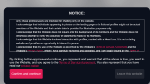 Age notice modal on the YourOnlineMatches homepage, scrolled to its list of acknowledgements, which include that individuals appearing in photos on the landing page or in fictional profiles might not be actual members, and that the Website involves interaction with profiles marked with a Heart icon, is not a dating website and provides no opportunity to interact in person, above a Confirm and continue button