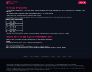 Pricing page on YourOnlineMatches showing a seven row credit table, from 3 credits for 6 dollars to 300 credits for 300 dollars, with a price per message column running from 0.90 to 2 dollars, a clause reading all payments are one time and non-recurring, and the footer underneath saying the price per message varies from 0.60 to 2.50 dollars