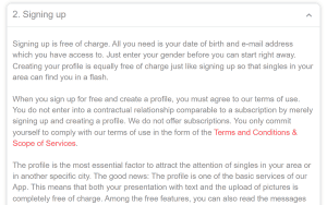 Question 2, Signing up, opened on the YouFlirt support FAQ, reading that signing up is free of charge, that creating your profile is equally free of charge just like signing up so that singles in your area can find you in a flash, that the site does not offer subscriptions, and that the profile is the most essential factor to attract the attention of singles in your area or in another specific city.