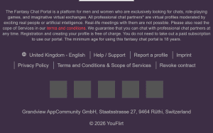 Footer of the YouFlirt homepage reading that all professional chat partners are virtual profiles moderated by exciting real people or artificial intelligence, that real-life meetings with them are not possible, that registration and creating a profile are free of charge with no paid subscription required, and that the minimum age is 18 years, above the operator line Grandview AppCommunity GmbH, Staatsstrasse 27, 9464 Rüthi, Switzerland.