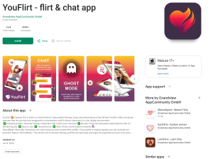 Google Play listing for YouFlirt, flirt and chat app, by Grandview AppCommunity GmbH, showing 3.6 stars from 6.33 thousand reviews, 500 thousand plus downloads, in-app purchases, a Mature 17 plus content rating, a description offering imaginative conversations with fictional characters, an updated date of 8 January 2026, and a single category tag reading Entertainment.