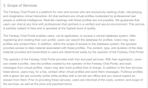 Section 3, Scope of Services, in the YouFlirt terms and conditions, reading that all chat partners are virtual profiles moderated by professional real people or artificial intelligence and that real-life meetings with these profiles are not possible, and in the paragraph on free and paid services that fictitious profiles with a green dot are currently online while profiles with a red dot are offline and you cannot expect an answer from them.