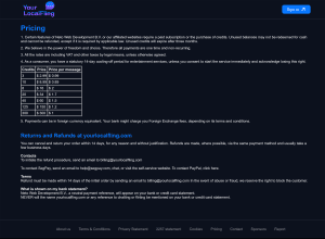 YourLocalFling pricing page showing seven credit bundles priced in US dollars, from 3 credits at $2.99 to 300 credits at $300, with an 8 credit bundle at $16 listed directly below a 10 credit bundle at $8.99, alongside a price per message column, a three month credit expiry, a clause stating all payments are one time and non-recurring, SegPay and PayPal contact routes, and a paragraph on what appears on a bank statement.